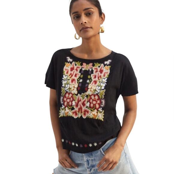 Anthropologie Tops - Anthropologie x Tiny Vibrantly Embroidered Black Tee, Festival, Bohemian, S
